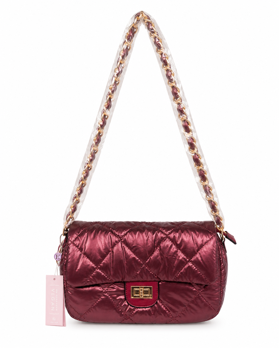 Metallic Burgundy Quilted Vegan Shoulder Bag with Gold Chain & Crossbody Strap