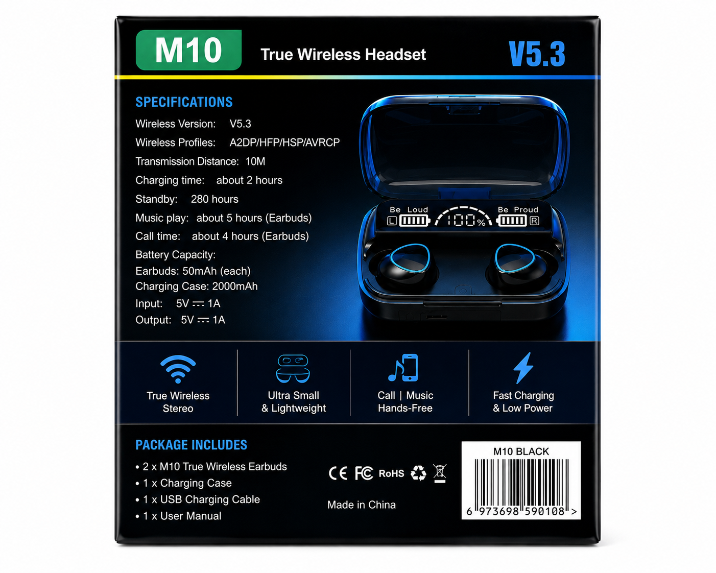 M10 True Wireless Bluetooth Earbuds with LED Display Charging Case - Bluetooth 5.3 - Black