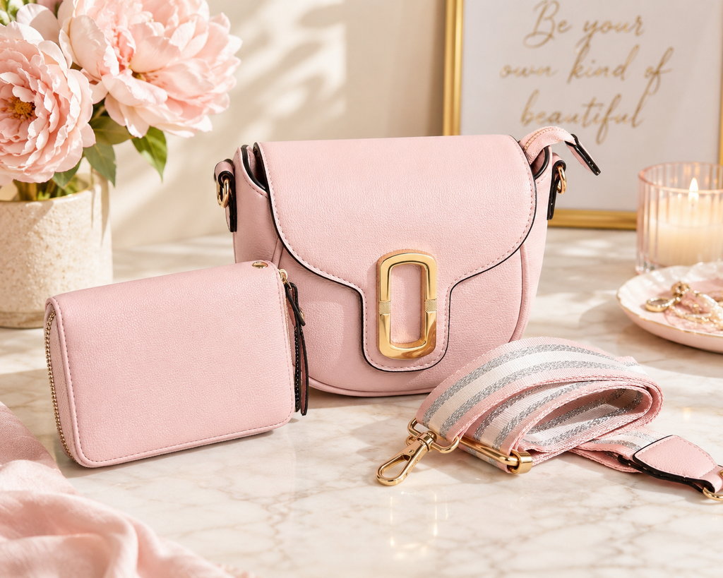 Blush Pink Crossbody Purse Set with Matching Zip Wallet & Adjustable Guitar Strap
