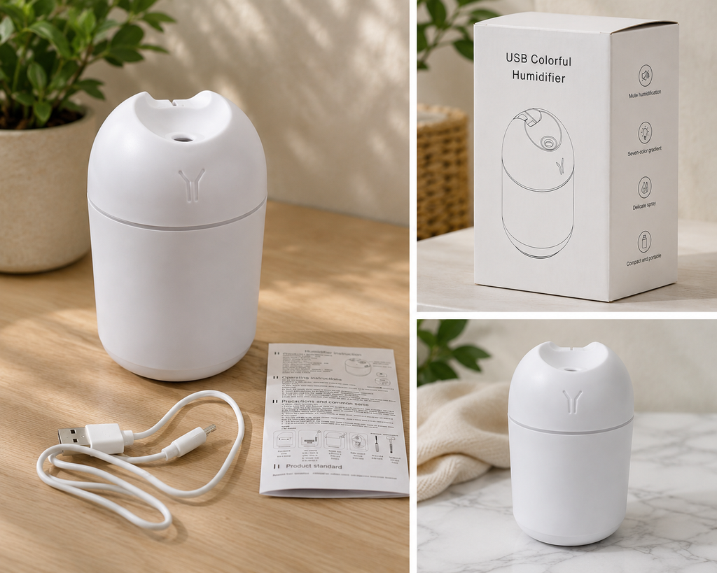 USB Colorful Cool Mist Humidifier 220mL | Quiet Portable Desktop Humidifier with 7-Color LED Night Light | USB Powered