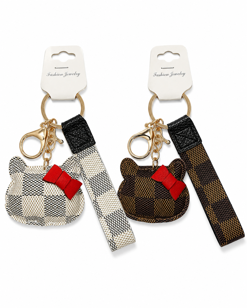 NWT Cute Cat Faux Leather Wristlet Keychain – White or Brown Checker Pattern with Red Bow