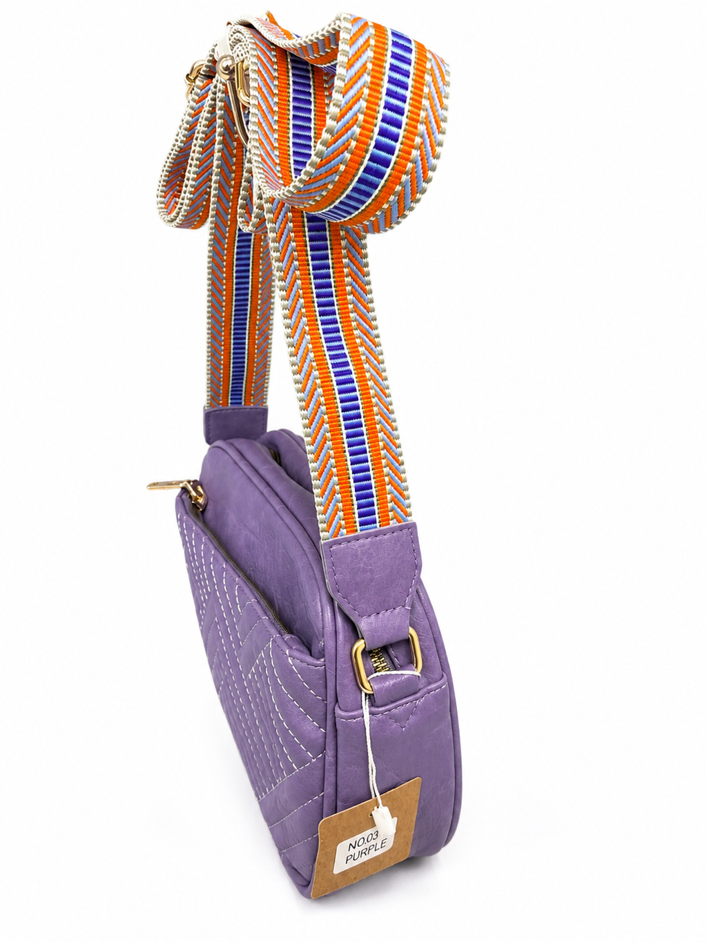 Purple Quilted Crossbody Bag with Colorful Adjustable Guitar Strap | Lightweight Everyday Purse