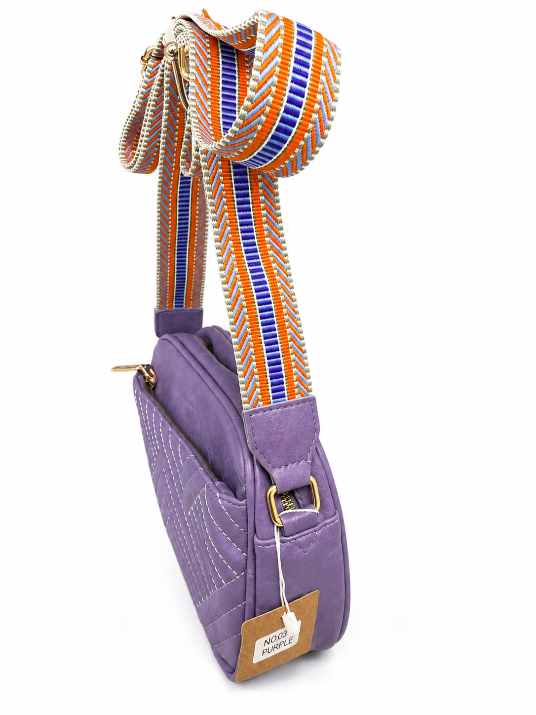 Purple Quilted Crossbody Bag with Colorful Adjustable Guitar Strap | Lightweight Everyday Purse