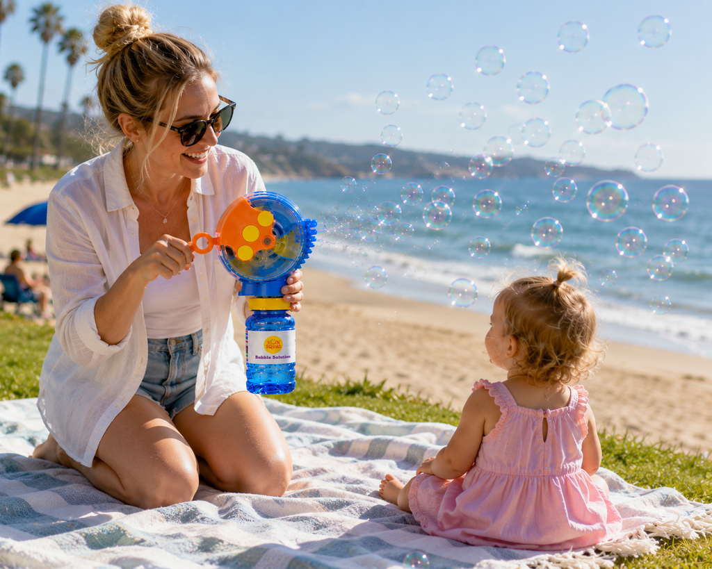 Sun Squad Hand Crank Bubble Blower with 4 oz Bubble Solution | No Batteries Required | Ages 3+ | New