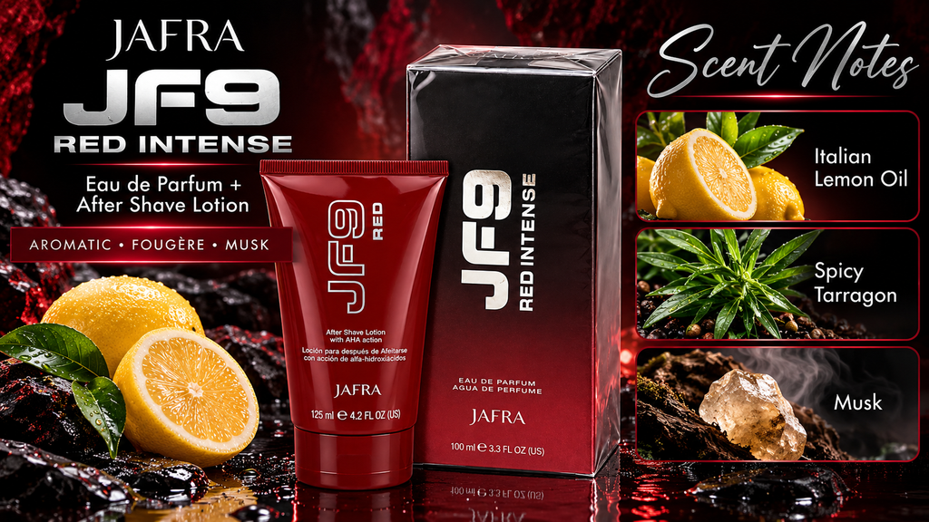 JAFRA JF9 Red Intense Eau de Parfum & JF9 Red After Shave Lotion Set – Men’s Fragrance 100 ml + 125 ml