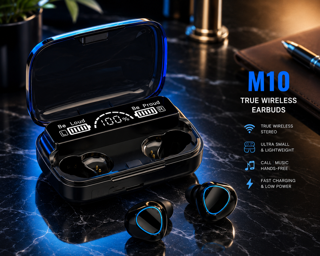 M10 True Wireless Bluetooth Earbuds with LED Display Charging Case - Bluetooth 5.3 - Black