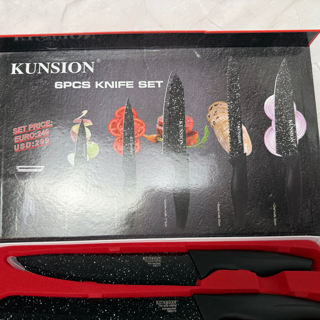 KUNSION 6-Piece Nonstick Kitchen Knife Set with Vegetable Peeler | Marble Coated Stainless Steel | New