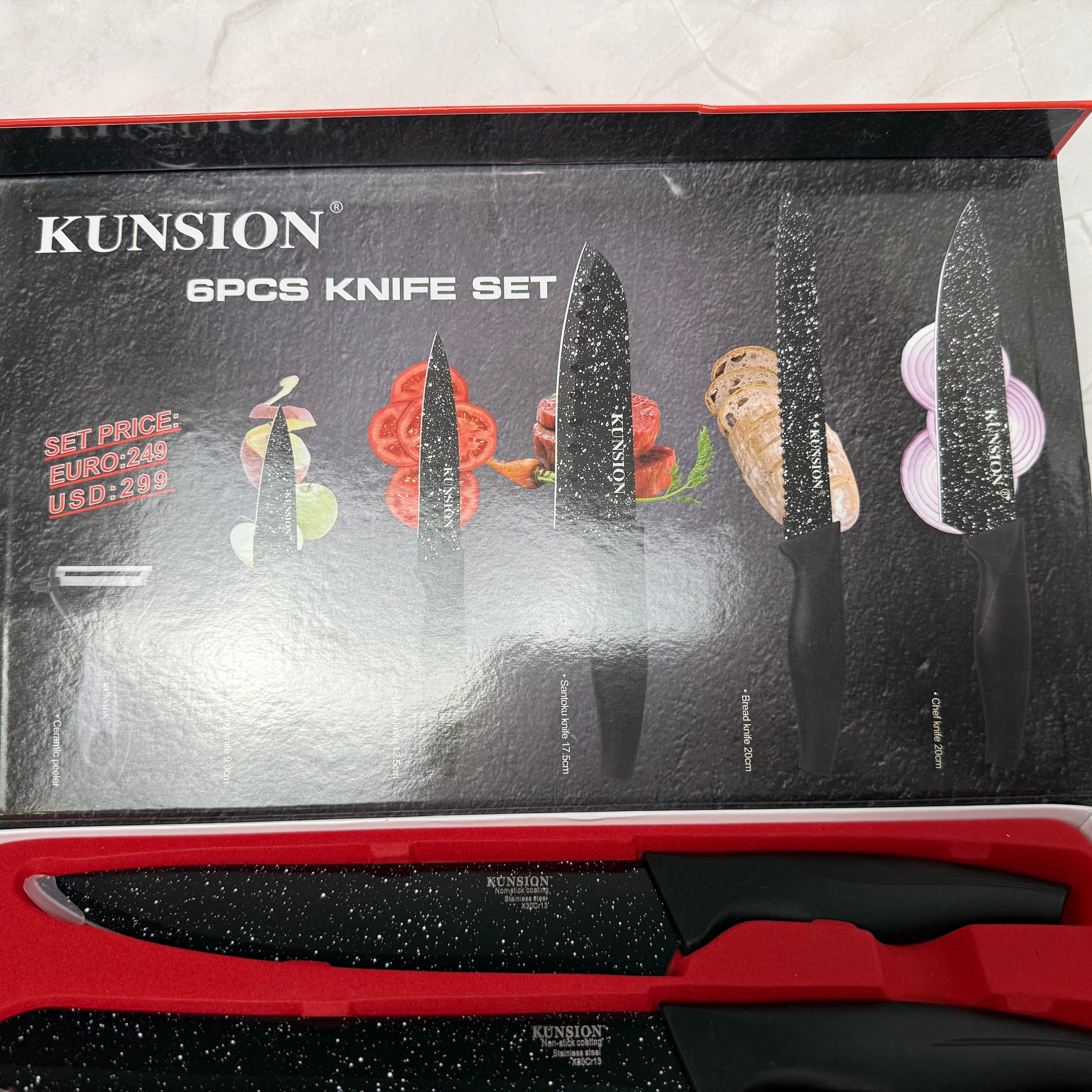 KUNSION 6-Piece Nonstick Kitchen Knife Set with Vegetable Peeler | Marble Coated Stainless Steel | New