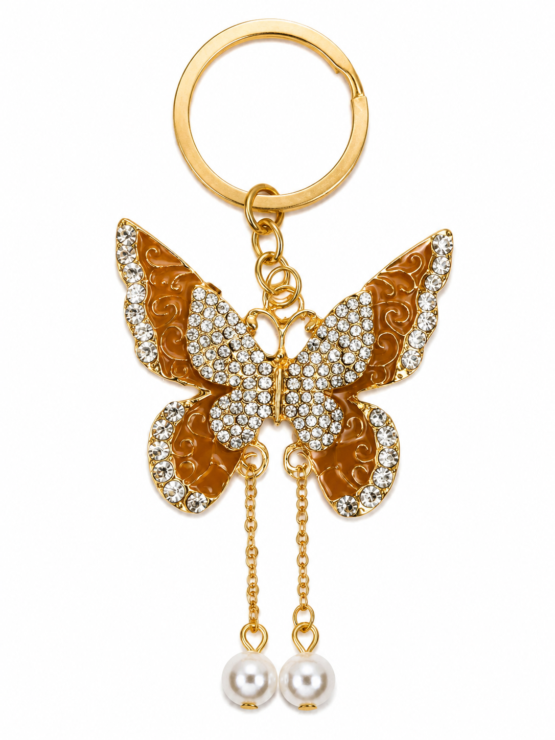 ✨ Gold-Tone Rhinestone Butterfly Keychain with Faux Pearl Dangles – 6 Colors