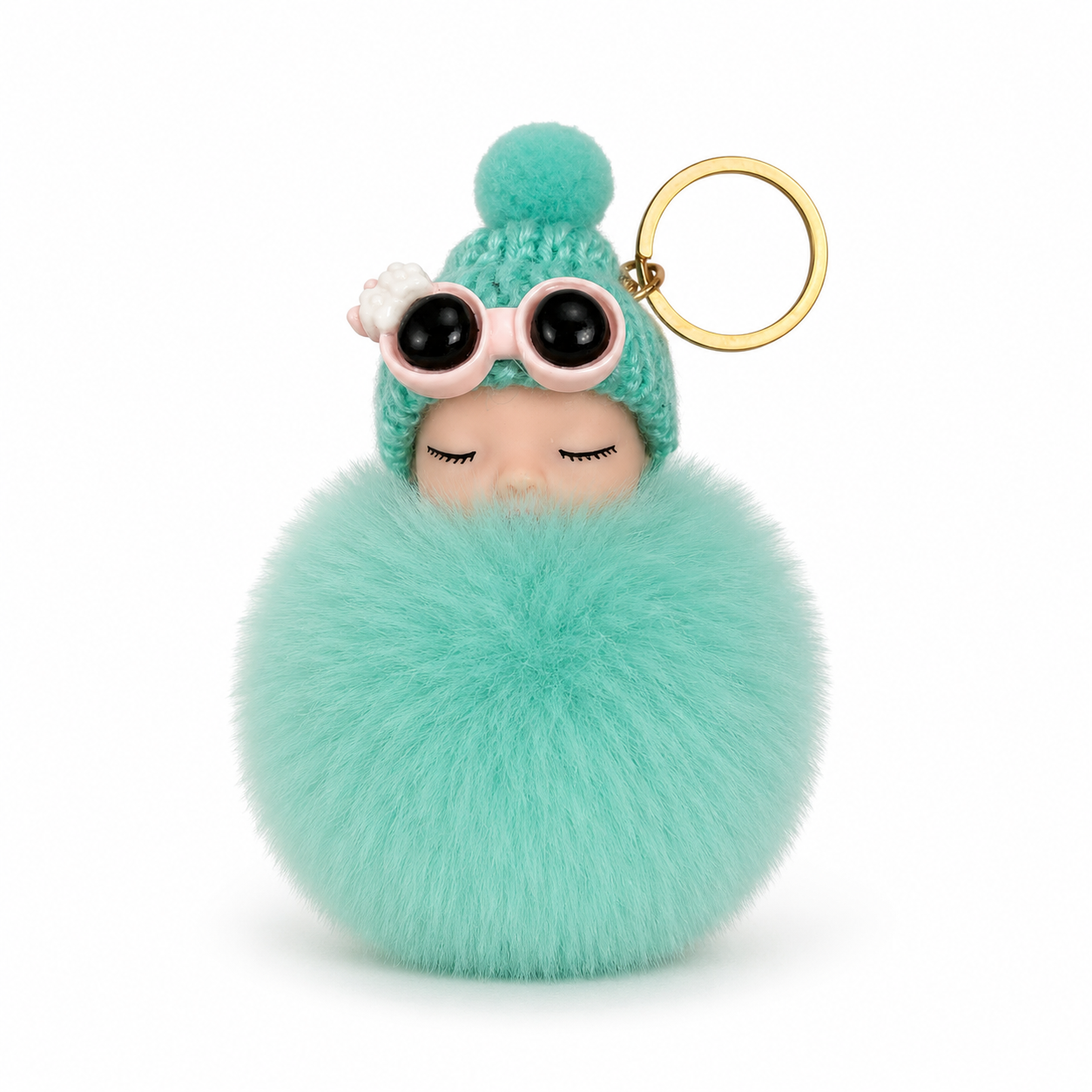 Sleeping Baby Faux Fur Pom Pom Keychain | Cute Plush Bag Charm | 9 Color Options