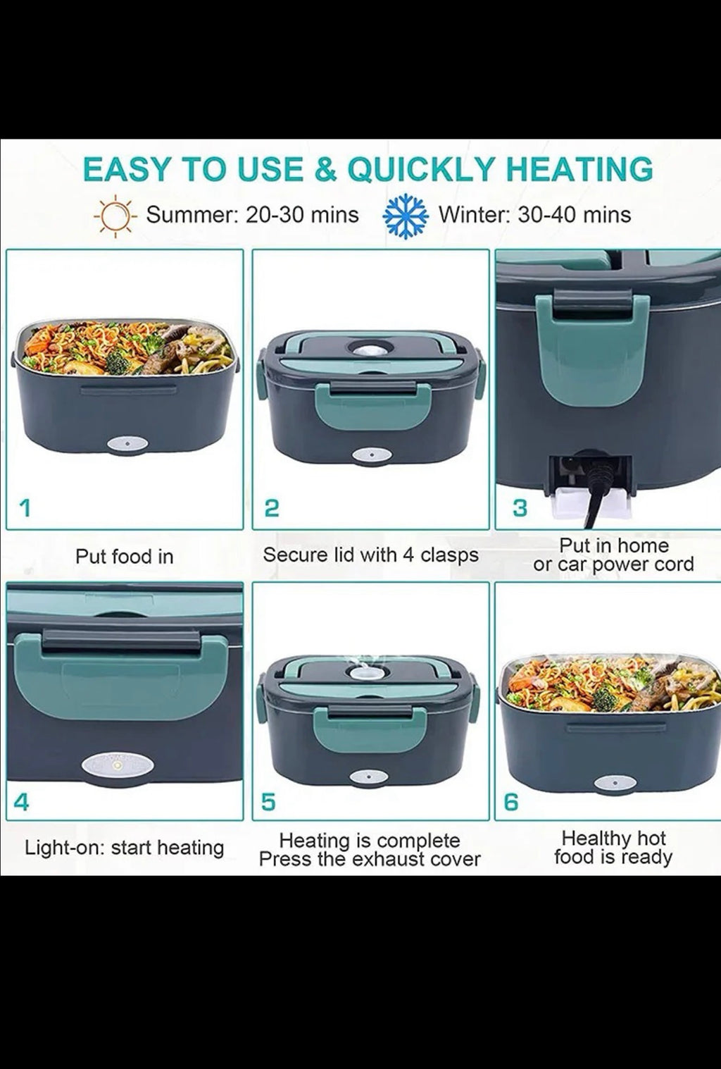 60W Electric Heated Lunch Box for Car & Home with Insulated Carry Bag