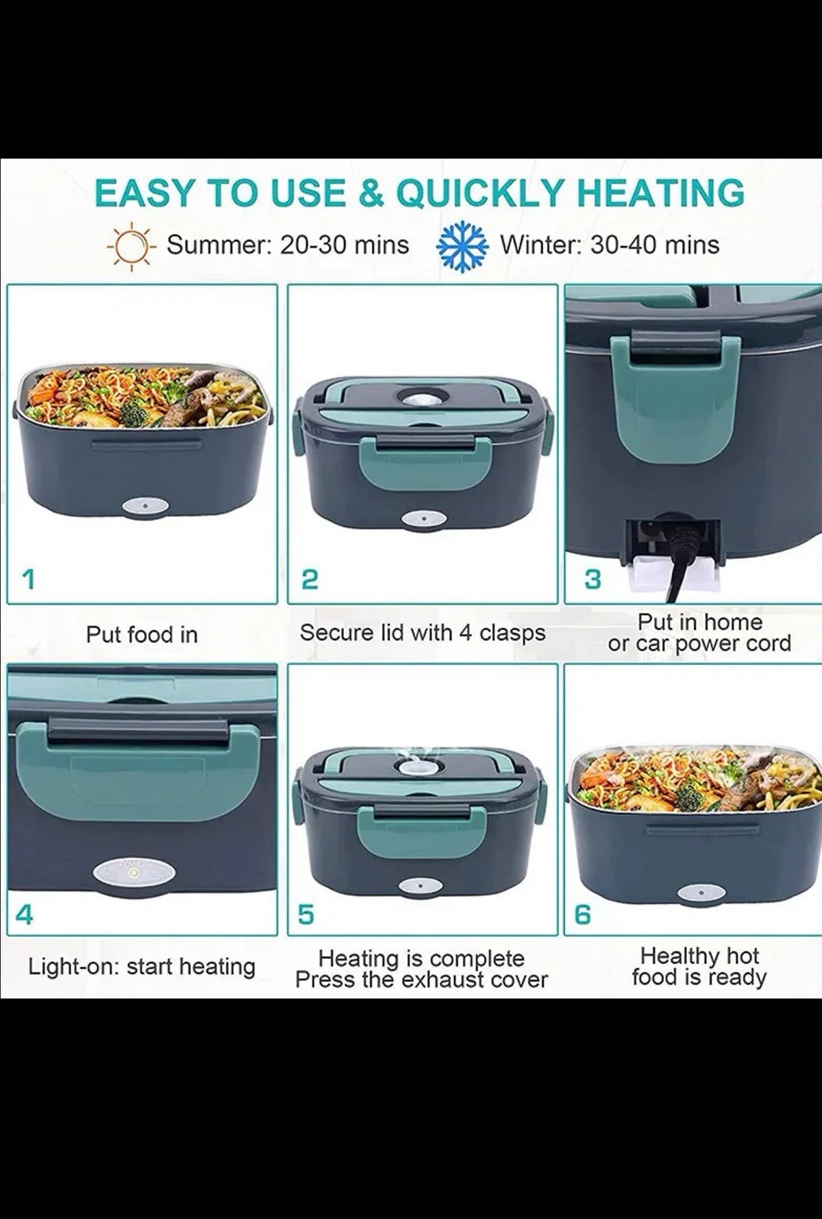 60W Electric Heated Lunch Box for Car & Home with Insulated Carry Bag