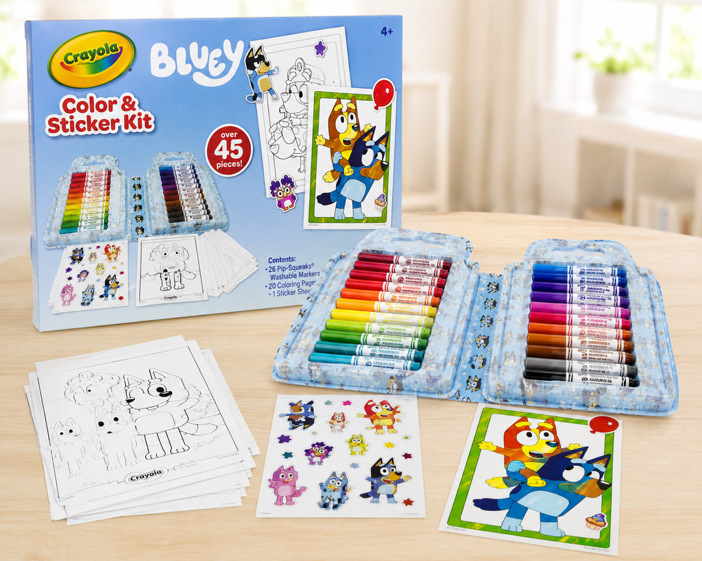 Crayola Bluey Color & Sticker Kit with 26 Washable Markers, Coloring Pages & Stickers | New