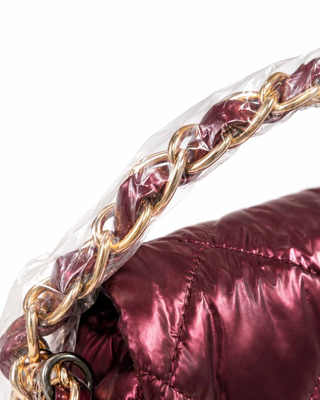 Metallic Burgundy Quilted Vegan Shoulder Bag with Gold Chain & Crossbody Strap