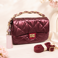 Metallic Burgundy Quilted Vegan Shoulder Bag with Gold Chain & Crossbody Strap
