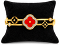 Red Black Quatrefoil Hinged Bangle Bracelet Gold Tone Rhinestone Statement Jewelry