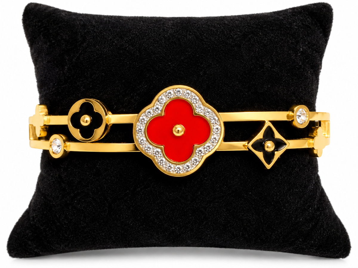 Red Black Quatrefoil Hinged Bangle Bracelet Gold Tone Rhinestone Statement Jewelry