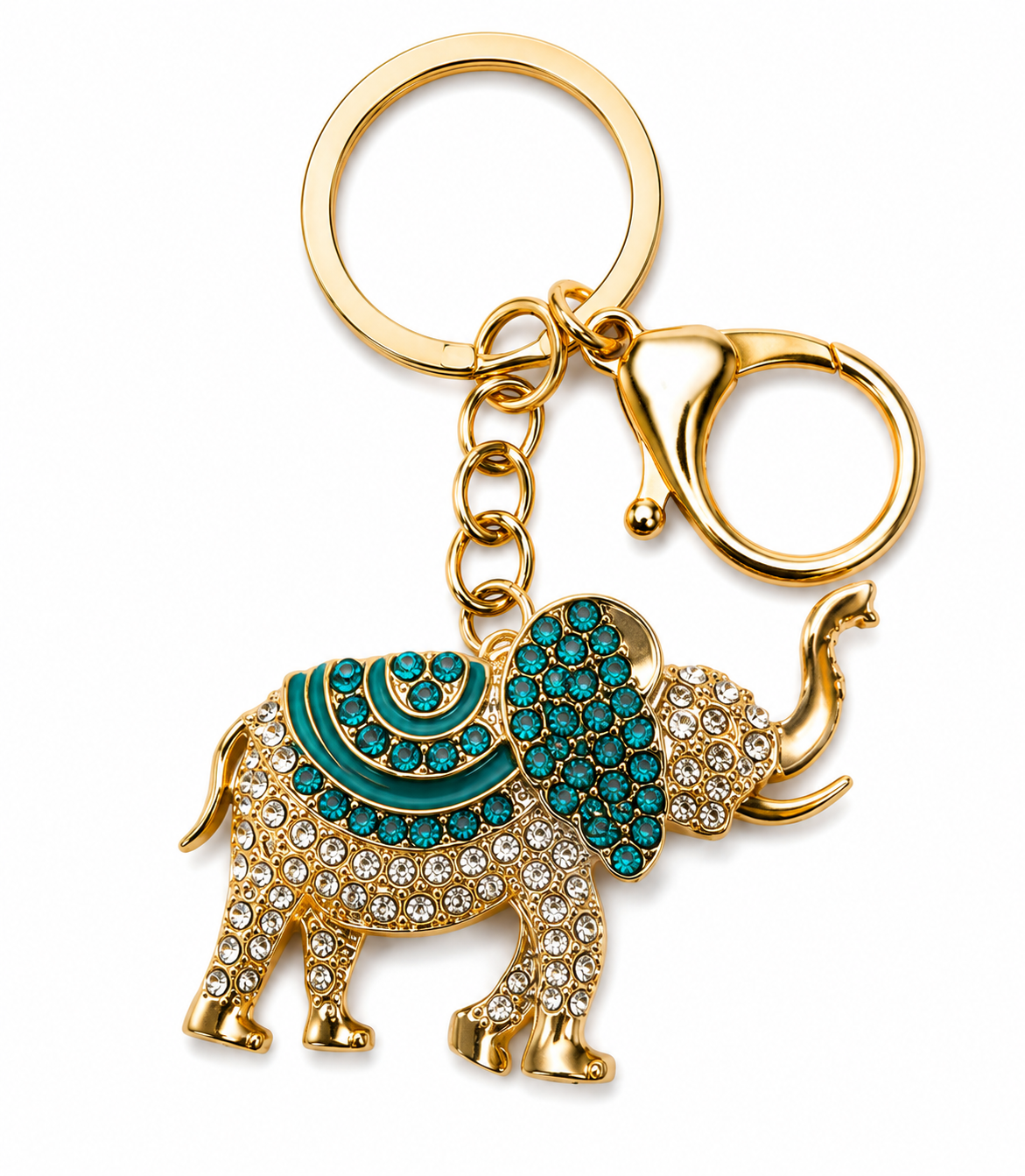 Gold-Tone Rhinestone Elephant Keychain & Purse Charm – Trunk Up