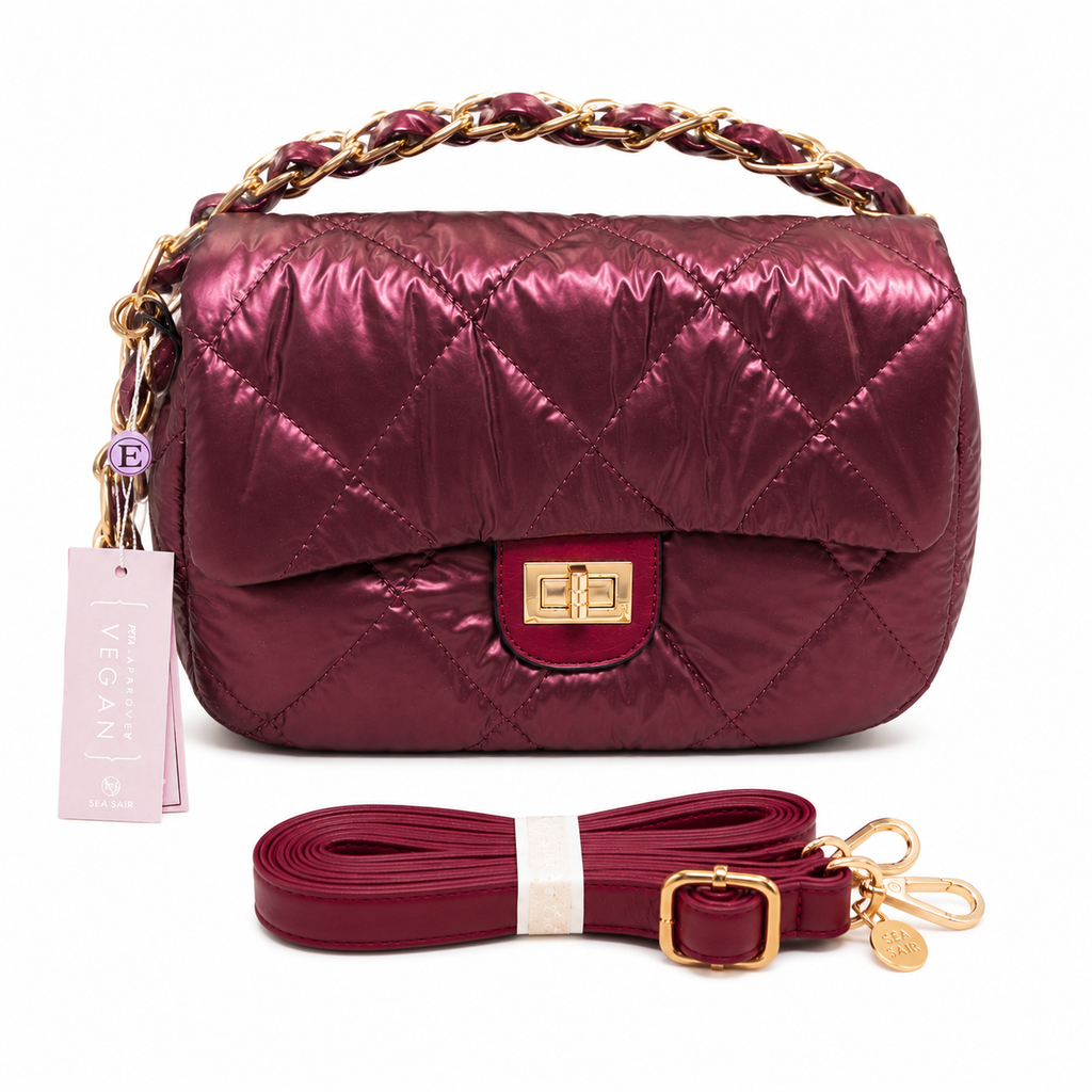 Metallic Burgundy Quilted Vegan Shoulder Bag with Gold Chain & Crossbody Strap