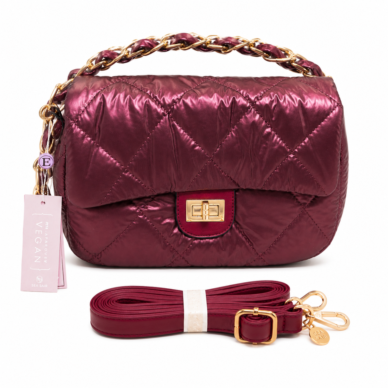 Metallic Burgundy Quilted Vegan Shoulder Bag with Gold Chain & Crossbody Strap