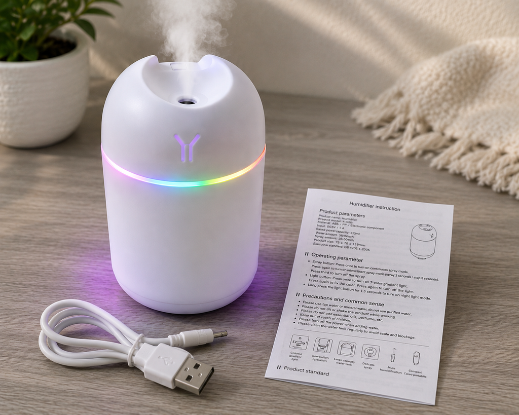 USB Colorful Cool Mist Humidifier 220mL | Quiet Portable Desktop Humidifier with 7-Color LED Night Light | USB Powered