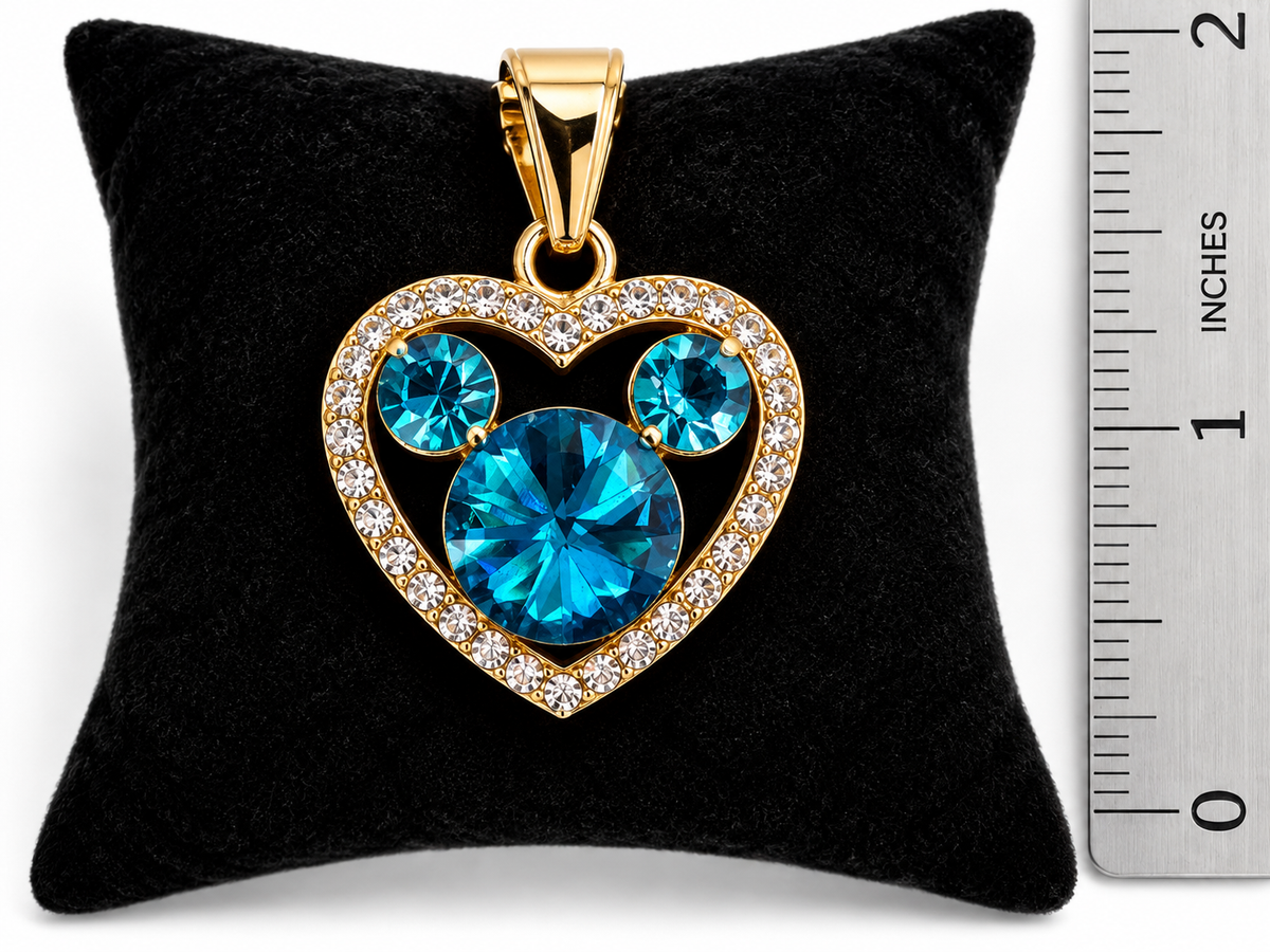 Gold-Tone Aqua Blue Crystal Mouse-Head Heart Pendant Necklace – 22”