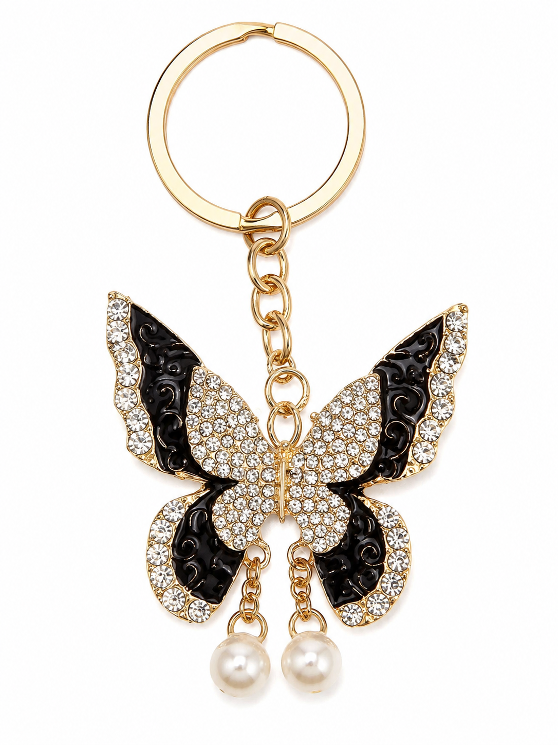 ✨ Gold-Tone Rhinestone Butterfly Keychain with Faux Pearl Dangles – 6 Colors