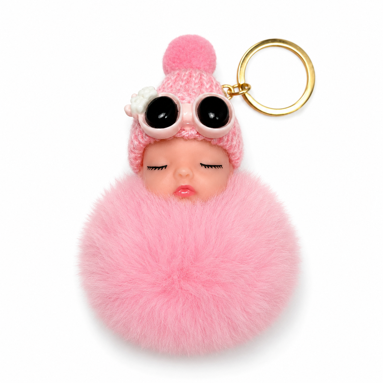Sleeping Baby Faux Fur Pom Pom Keychain | Cute Plush Bag Charm | 9 Color Options