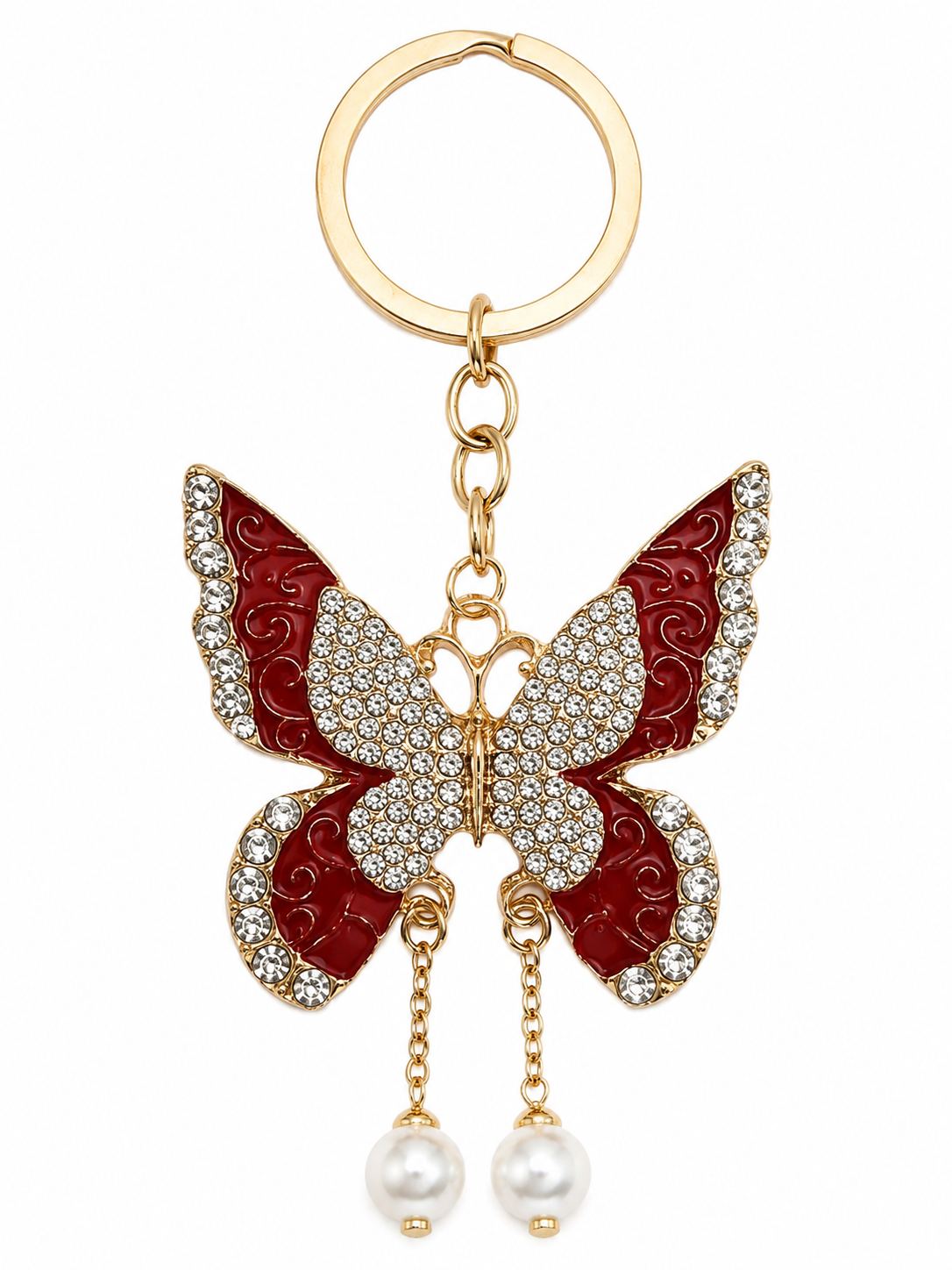 ✨ Gold-Tone Rhinestone Butterfly Keychain with Faux Pearl Dangles – 6 Colors