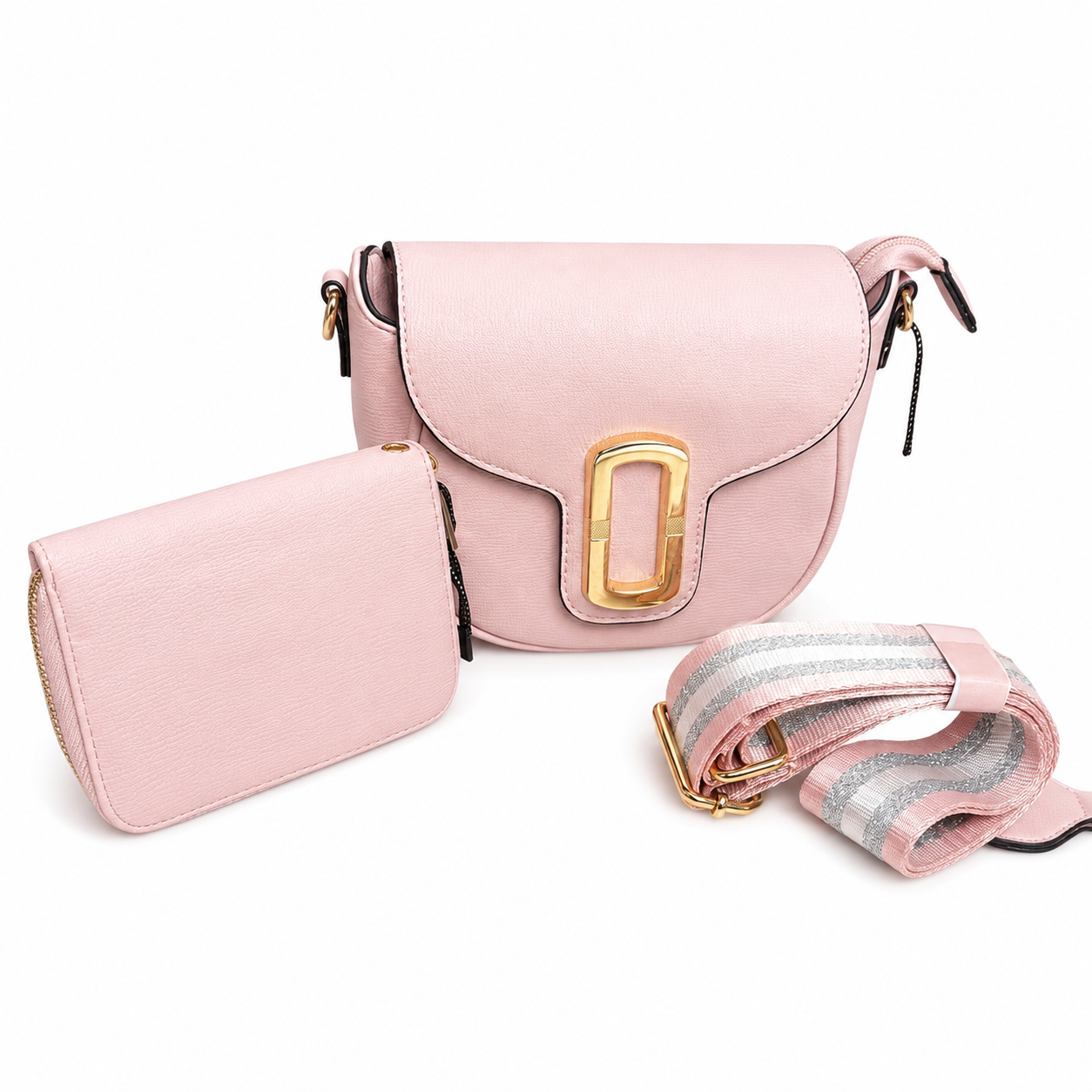 Blush Pink Crossbody Purse Set with Matching Zip Wallet & Adjustable Guitar Strap
