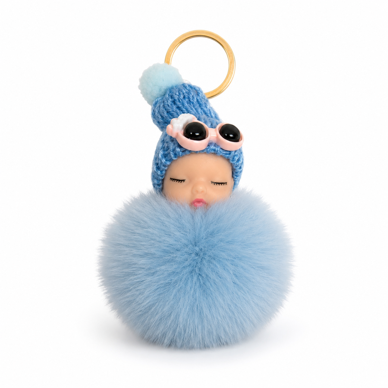 Sleeping Baby Faux Fur Pom Pom Keychain | Cute Plush Bag Charm | 9 Color Options