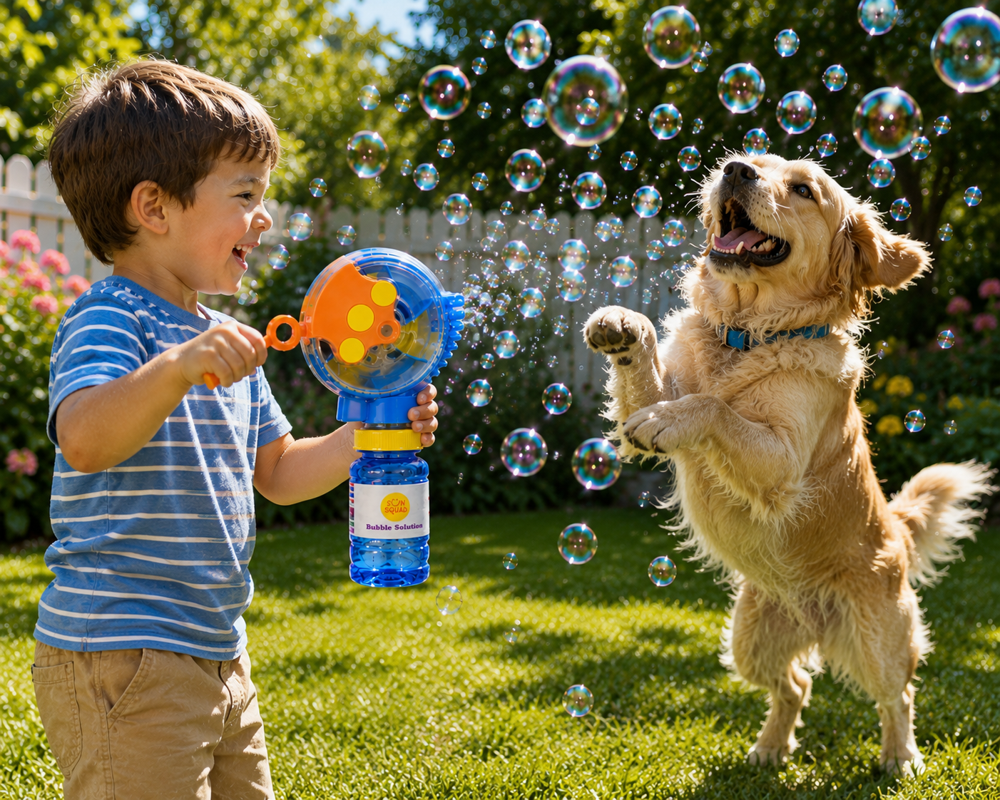 Sun Squad Hand Crank Bubble Blower with 4 oz Bubble Solution | No Batteries Required | Ages 3+ | New