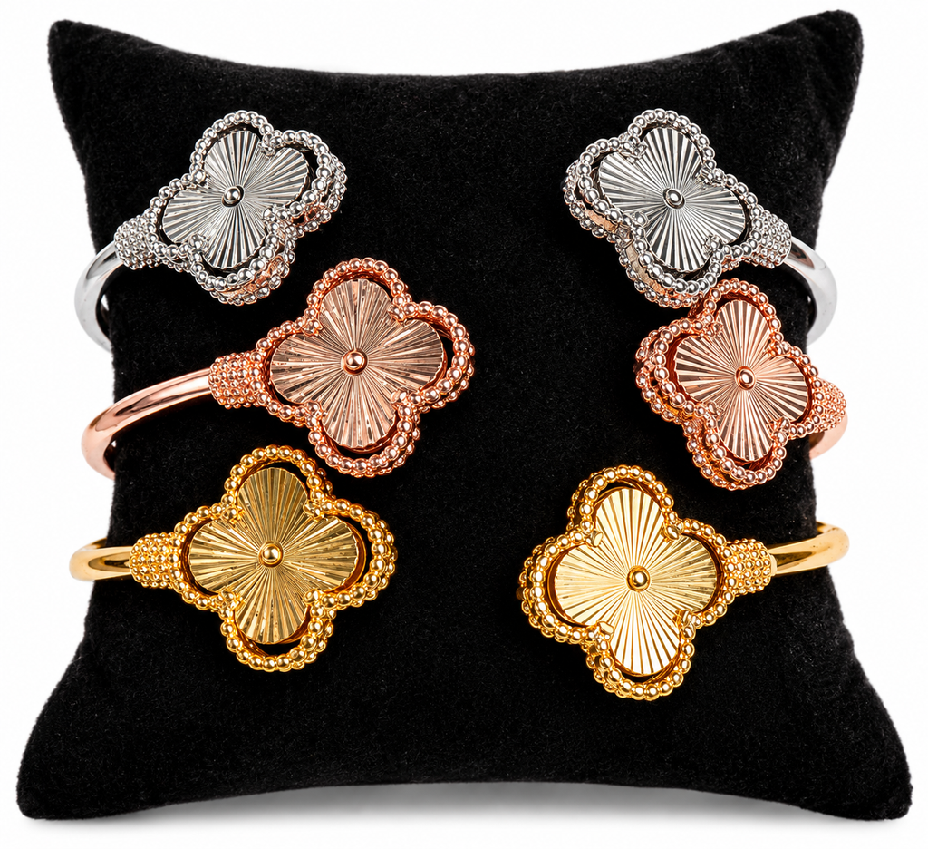 Stainless Steel Double Clover Open Cuff Bracelet – Gold, Silver or Rose Gold