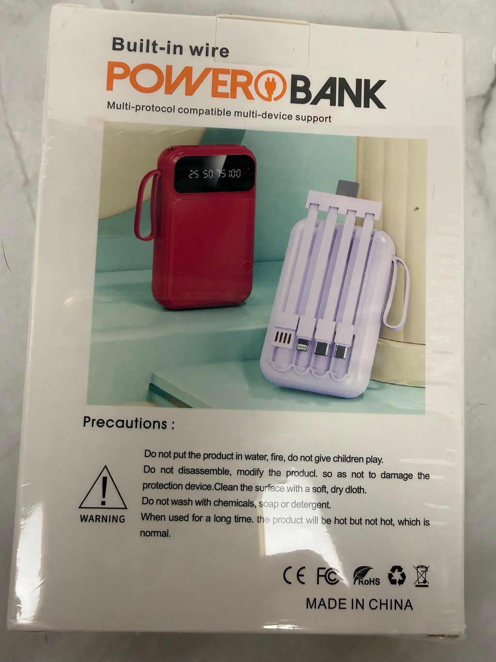 Built-In Wire Portable Power Bank with Integrated Charging Cables | White | New Sealed
