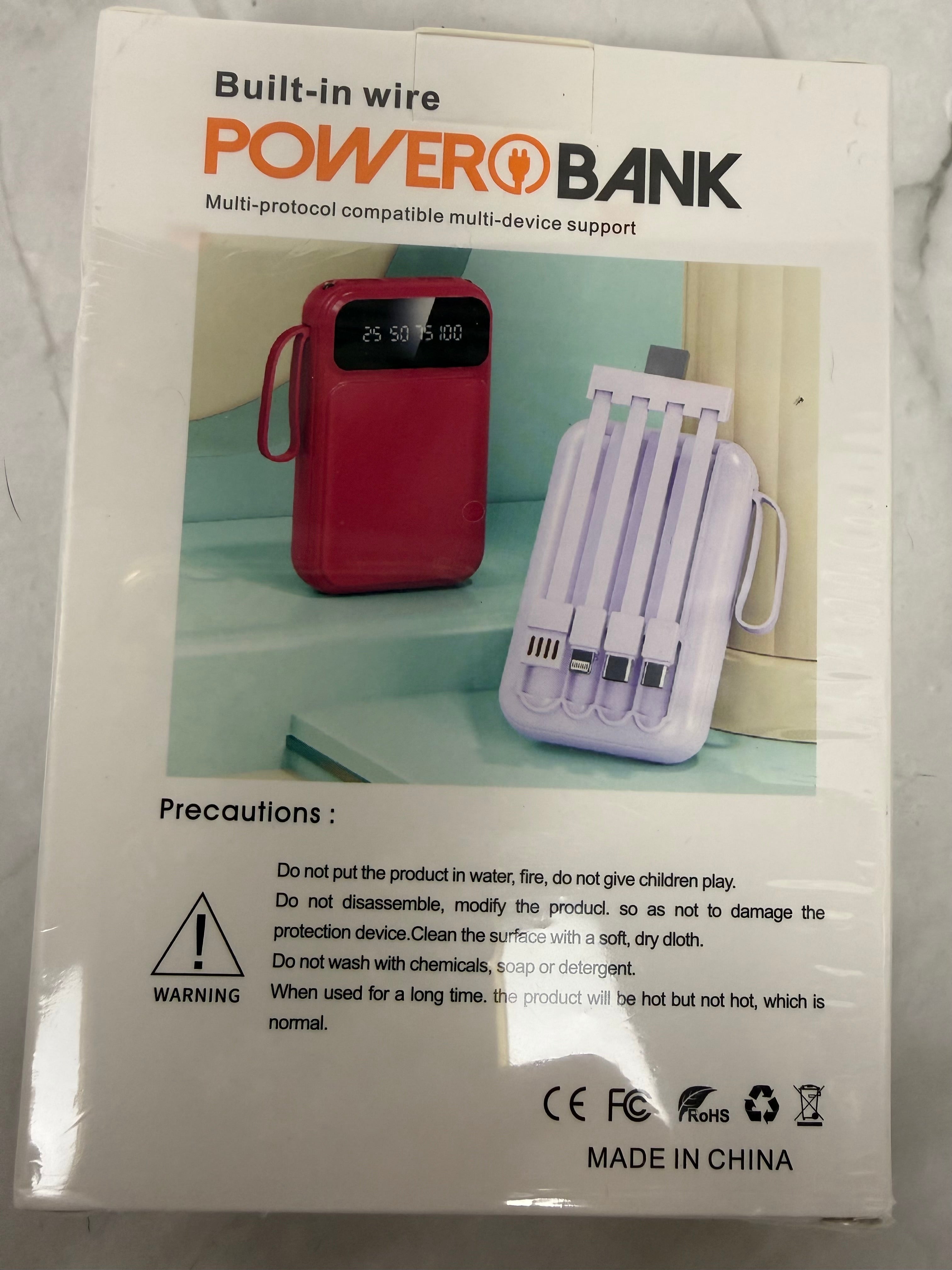 Built-In Wire Portable Power Bank with Integrated Charging Cables | White | New Sealed