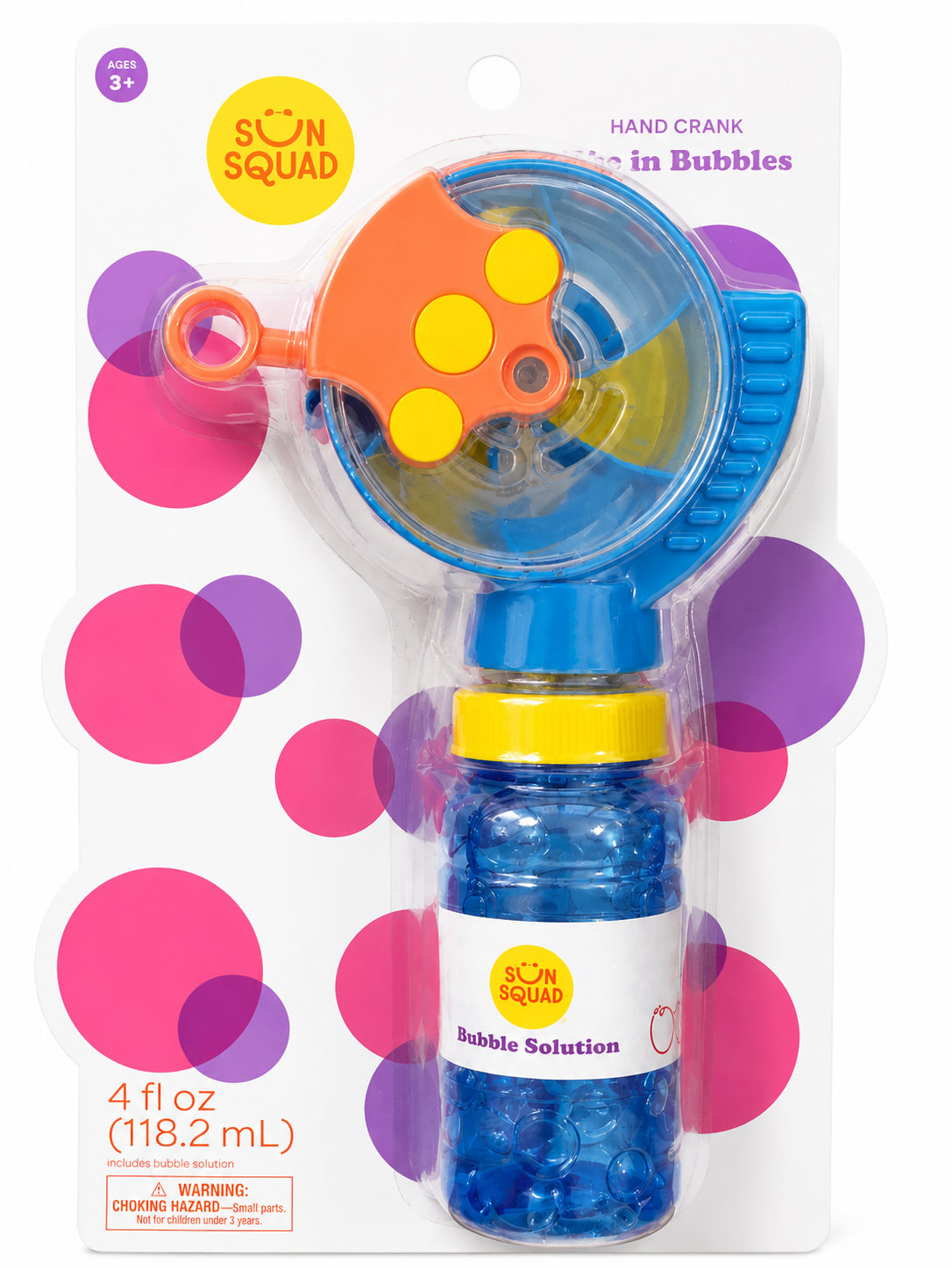 Sun Squad Hand Crank Bubble Blower with 4 oz Bubble Solution | No Batteries Required | Ages 3+ | New