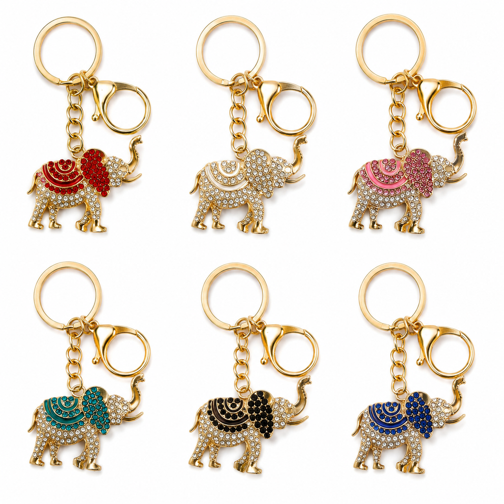Gold-Tone Rhinestone Elephant Keychain & Purse Charm – Trunk Up