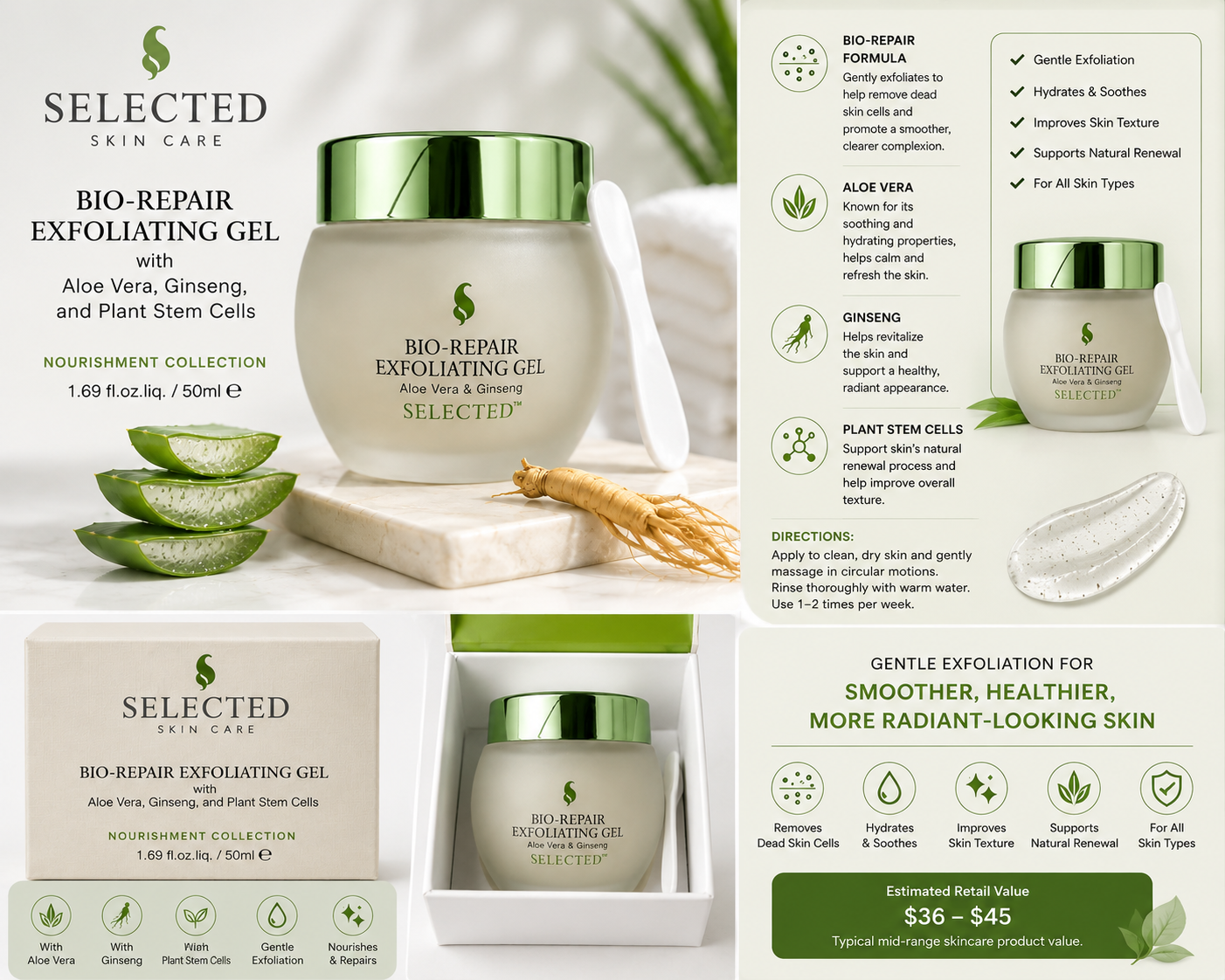 Selected Skin Care Bio-Repair Exfoliating Gel with Aloe Vera, Ginseng & Plant Stem Cells