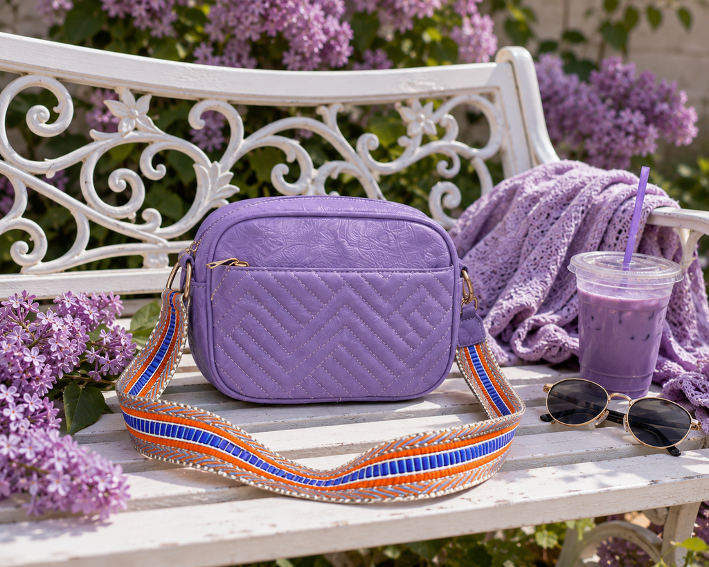 Purple Quilted Crossbody Bag with Colorful Adjustable Guitar Strap | Lightweight Everyday Purse