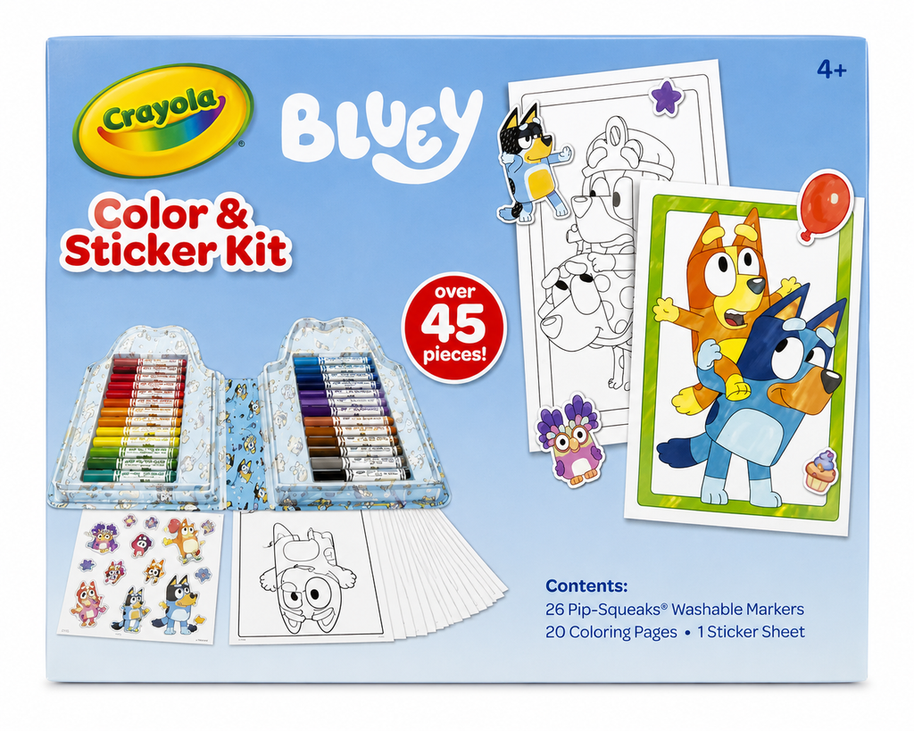 Crayola Bluey Color & Sticker Kit with 26 Washable Markers, Coloring Pages & Stickers | New