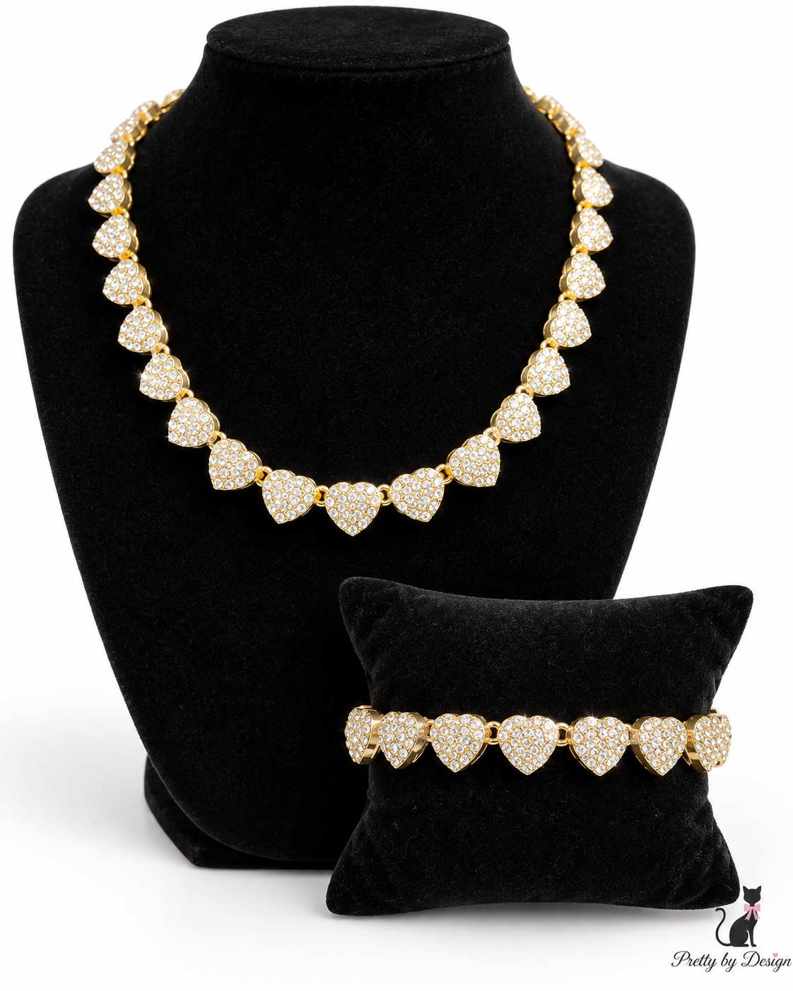 Gold-Tone Stainless Steel Rhinestone Heart Necklace & Bracelet Set – Sparkling Romantic Statement Jewelry