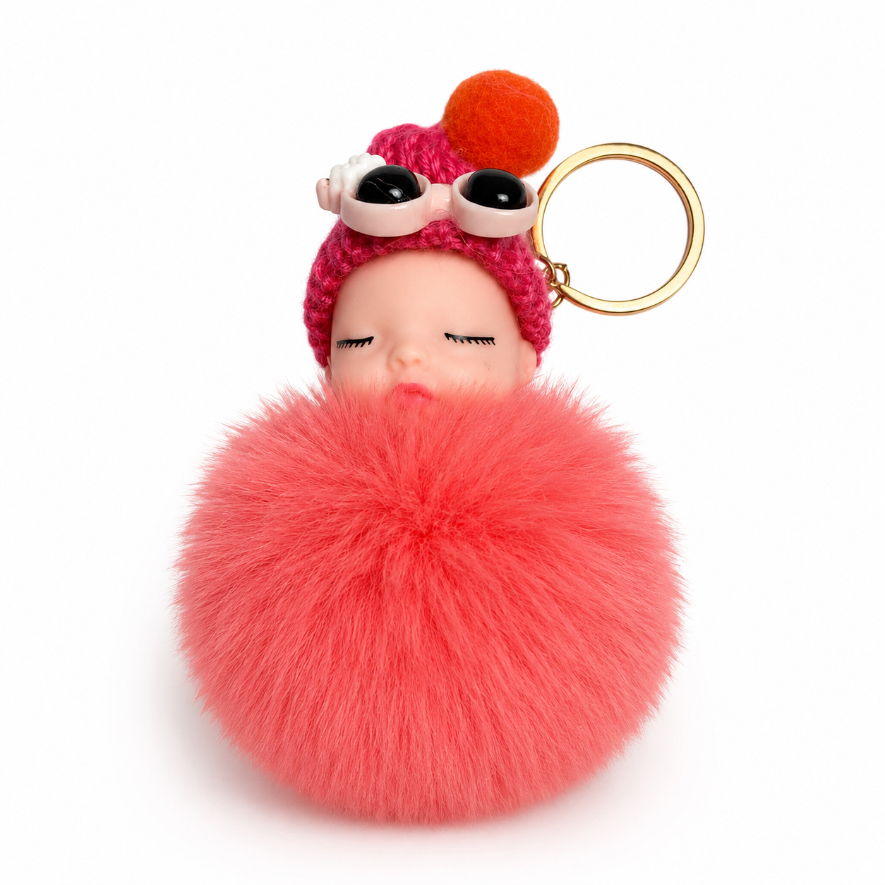 Sleeping Baby Faux Fur Pom Pom Keychain | Cute Plush Bag Charm | 9 Color Options