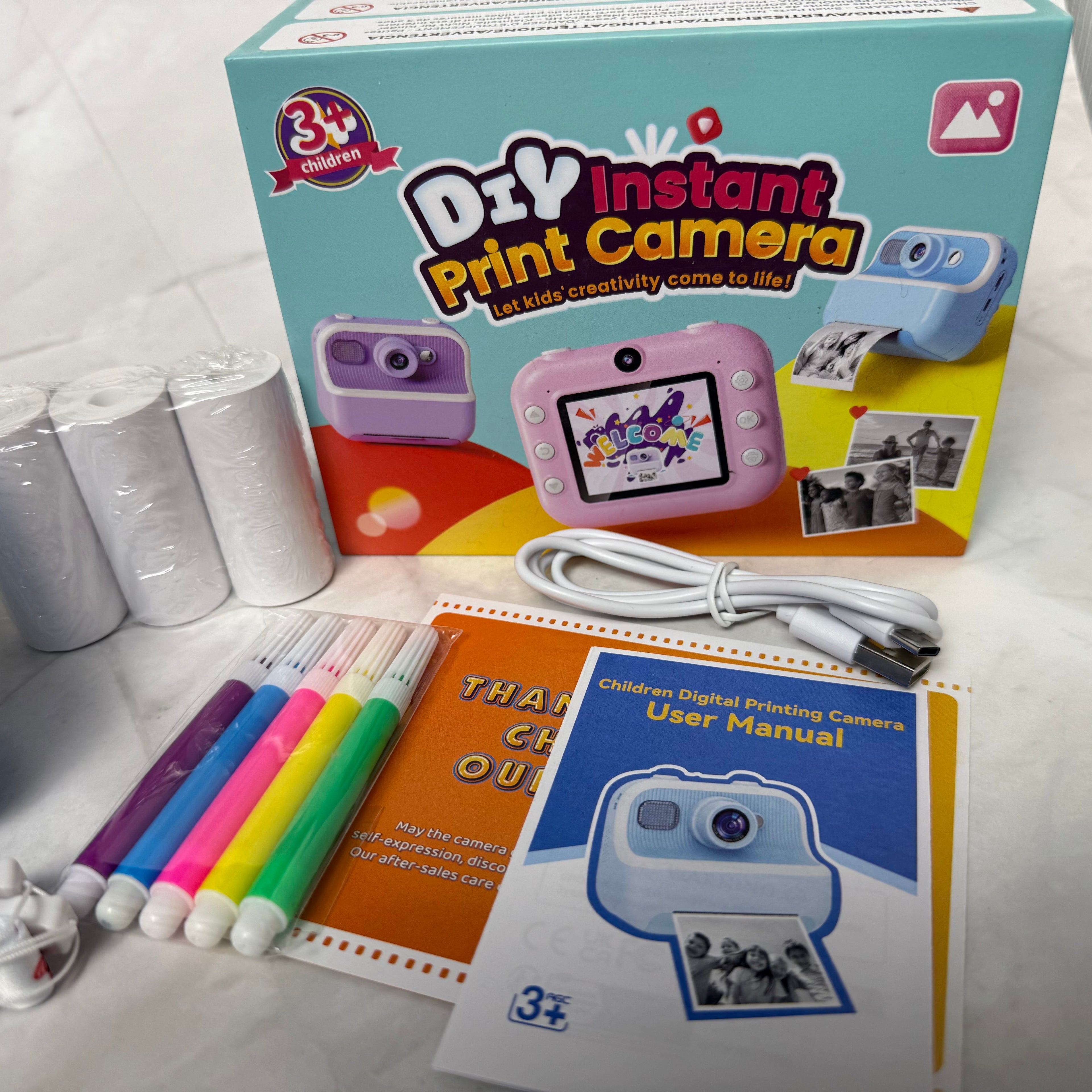DIY Instant Print Camera for Kids | Blue | Thermal Printing Camera with 3 Paper Rolls, Markers & USB Cable | Ages 3+
