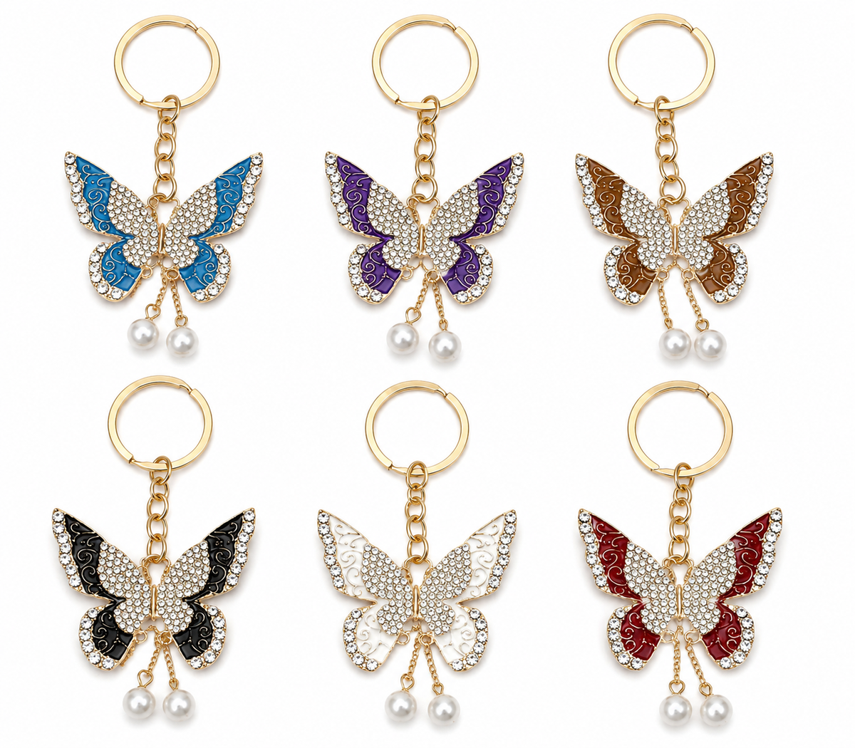 ✨ Gold-Tone Rhinestone Butterfly Keychain with Faux Pearl Dangles – 6 Colors