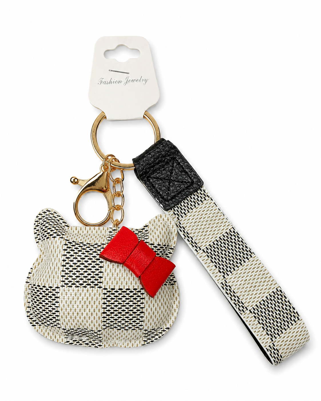 NWT Cute Cat Faux Leather Wristlet Keychain – White or Brown Checker Pattern with Red Bow