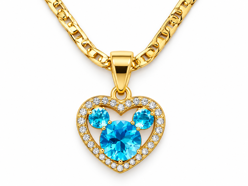 Gold-Tone Aqua Blue Crystal Mouse-Head Heart Pendant Necklace – 22”
