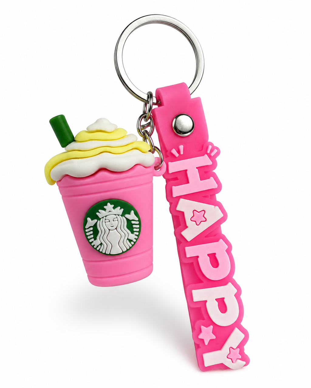 Starbucks Pink Frappuccino Cup Keychain with “Happy” Wrist Strap | Coffee Cup Charm | New