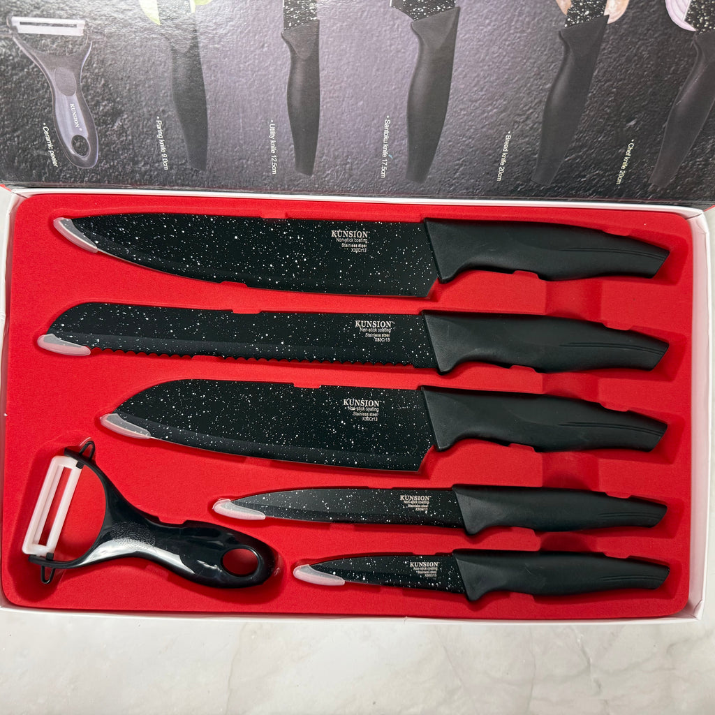 KUNSION 6-Piece Nonstick Kitchen Knife Set with Vegetable Peeler | Marble Coated Stainless Steel | New