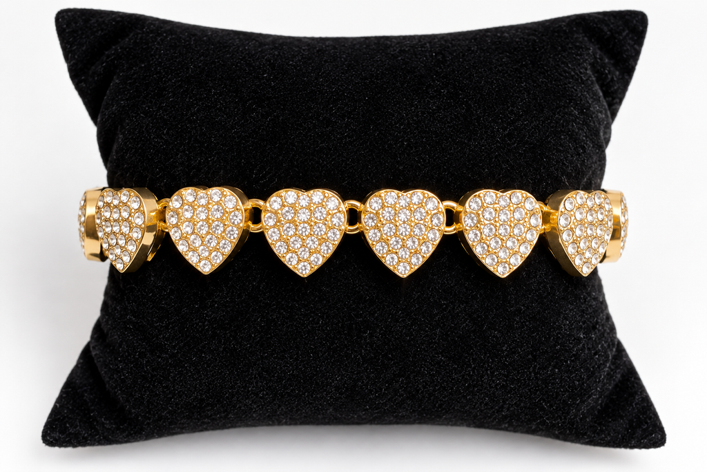 Gold-Tone Stainless Steel Rhinestone Heart Necklace & Bracelet Set – Sparkling Romantic Statement Jewelry