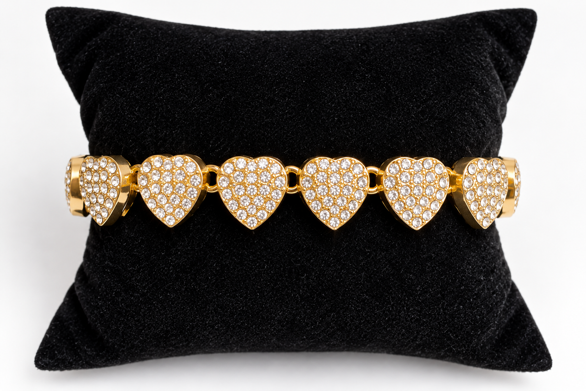 Gold-Tone Stainless Steel Rhinestone Heart Necklace & Bracelet Set – Sparkling Romantic Statement Jewelry